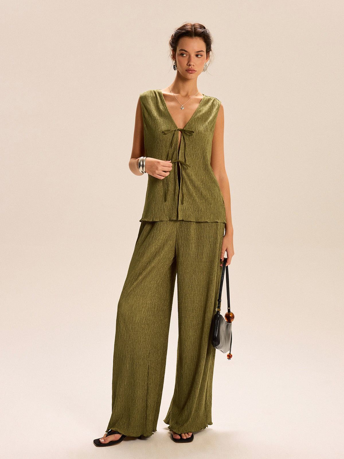 Sleeveless Tie-Front Top and Wide-Leg Pants Set