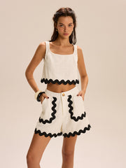 Cropped Tank Top And Scalloped-Trim Shorts Set