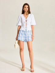 Cotton & Linen Scallop Trim Puff Sleeve Top