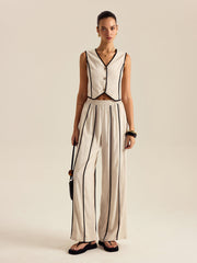 Linen & Cotton Striped Pants Set With Elastic Waist
