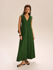 Linen & Cotton Pocketed V-Neck Maxi Dress
