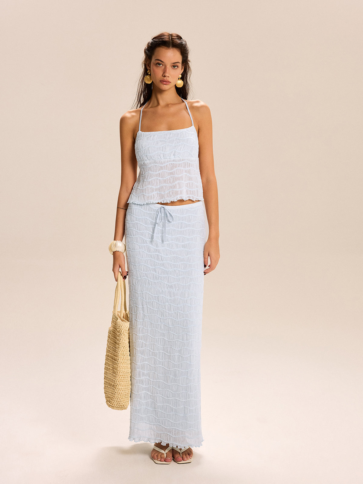 Textured Halter Crop Top and Skirt Set