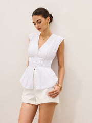 Pleated Peplum V-Neck Blouse