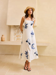 Tropical Print Square Neck Midi Dress