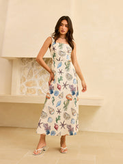 Pocketed Square Neckline Marine Print Maxi Dress