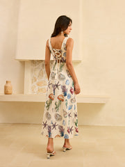 Pocketed Square Neckline Marine Print Maxi Dress