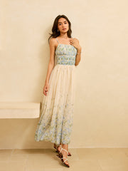 Semi-Sheer Floral Print Pleat Waist Tiered Maxi Dress