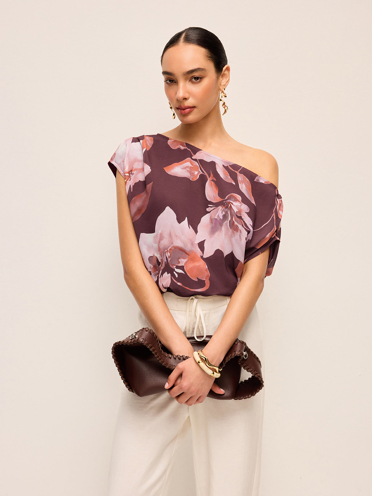 One-Shoulder Floral Belted Blouse
