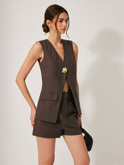 Cotton & Linen Shorts Set With Decor Pockets