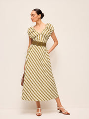 Sweetheart Neck Puff Sleeve Plaid Dress Without Belt