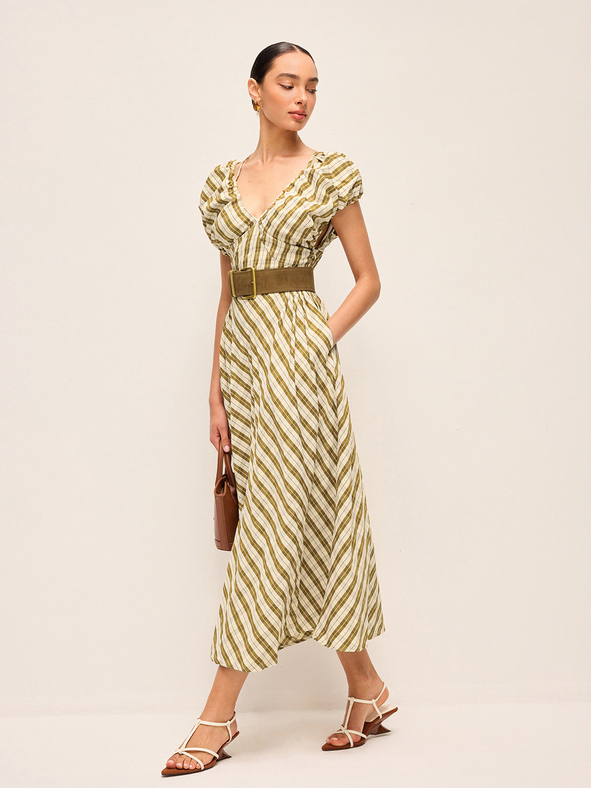 Sweetheart Neck Puff Sleeve Plaid Dress Without Belt