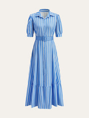Belted Striped Dress with Puff Sleeves