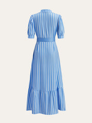 Belted Striped Dress with Puff Sleeves