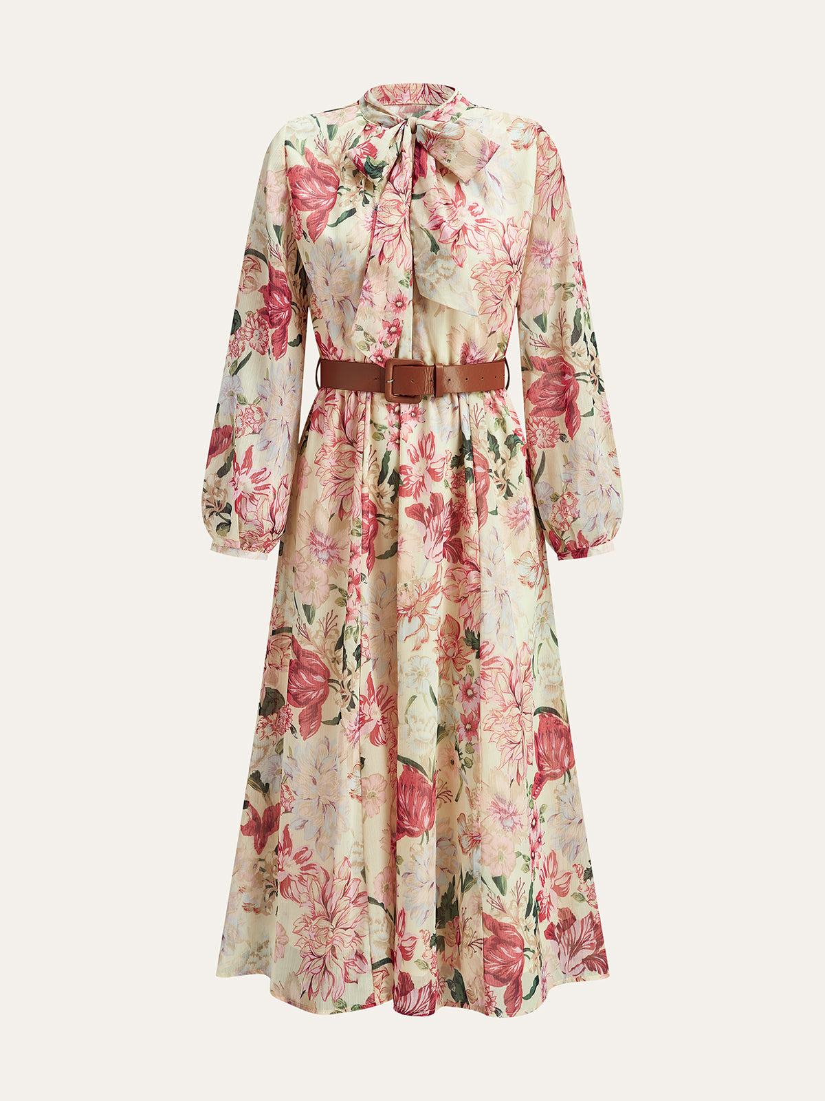 Floral Print Bow Neck Belted Maxi Dress