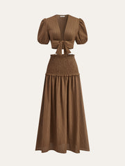 Puff-Sleeve Crop Top and Smocked-Waist Midi Skirt Set