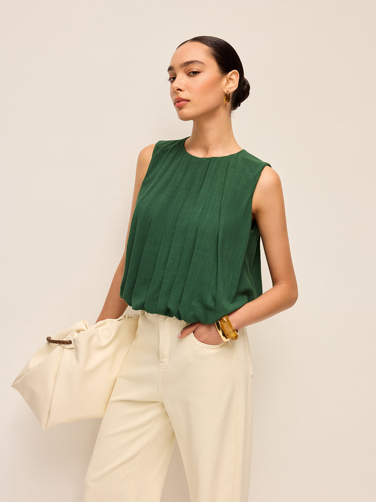 Pleated Cotton & Linen Sleeveless Top