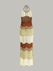 Semi-Sheer Contrast Stripe Crochet Halter Maxi Dress