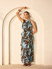 Chiffon Floral Print Sleeveless Dress With Ruffled Detail