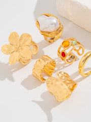 Six-Piece Statement Ring Set With Pearl & Floral Accents