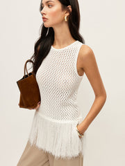 Semi-Sheer Knit Vest With Fringe Hem