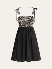 Embroidered Midi Dress with Tie-Up Straps