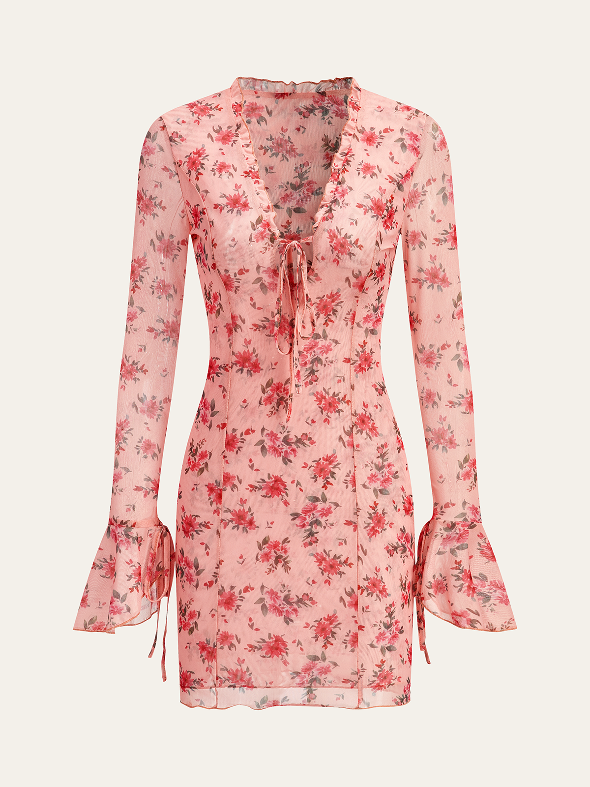 Semi-Sheer Printed Deep V Dress