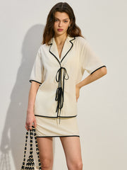 Contrast Trim Tie-Front Skirt Set