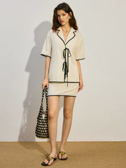 Contrast Trim Tie-Front Skirt Set