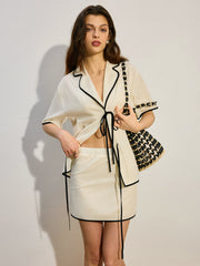 Contrast Trim Tie-Front Skirt Set