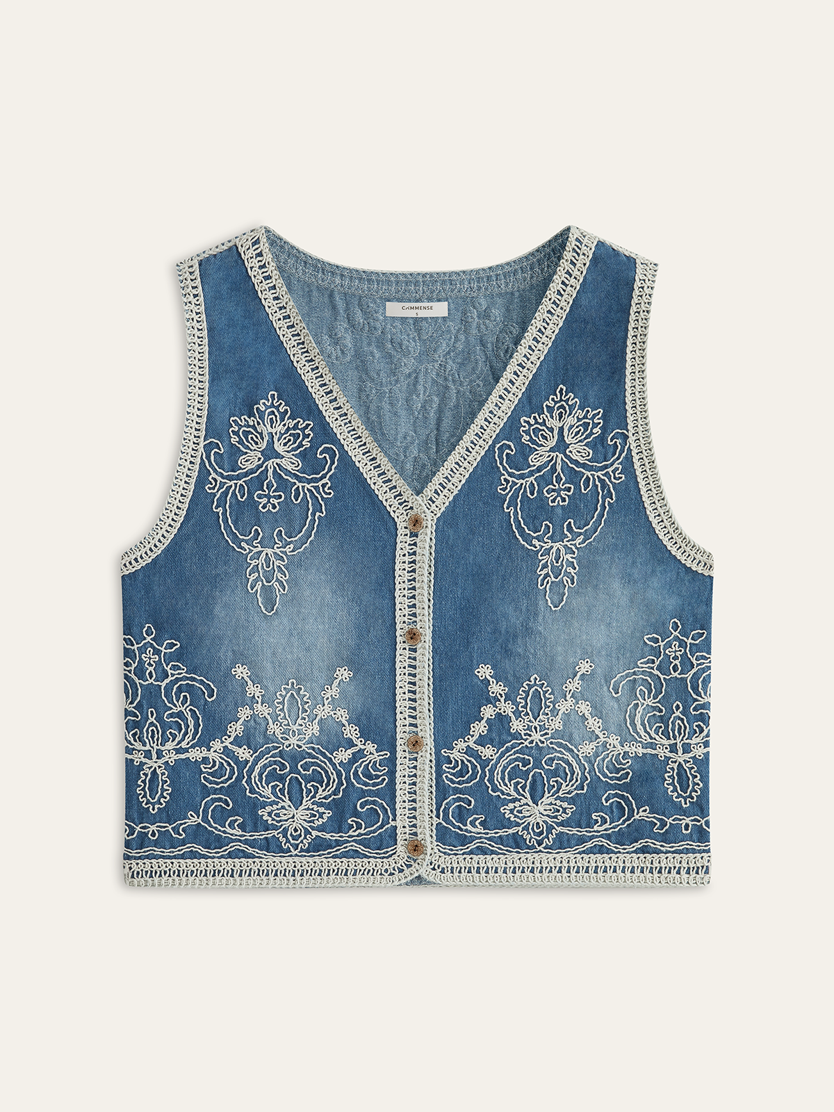 Embroidered Denim Button Vest