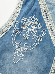 Embroidered Denim Button Vest