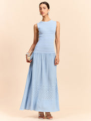 Sleeveless Knit Eyelet Pleated Maxi Dress
