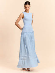 Sleeveless Knit Eyelet Pleated Maxi Dress