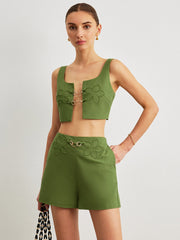 Cotton & Linen Floral Embroidery Metal Detail Shorts Set