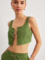 Cotton & Linen Floral Embroidery Metal Detail Shorts Set