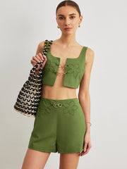 Cotton & Linen Floral Embroidery Metal Detail Shorts Set