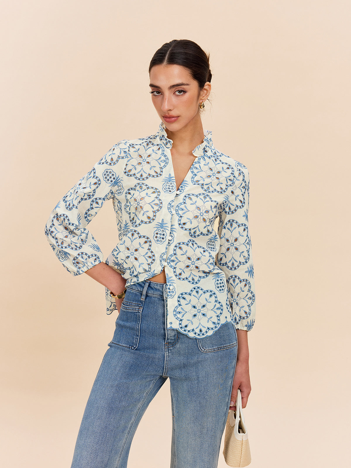 Semi-Sheer Embroidered Button-Down Shirt