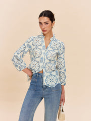 Semi-Sheer Embroidered Button-Down Shirt