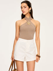 Metal Decor Cross-Strap Halter-Neck Top