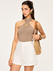Metal Decor Cross-Strap Halter-Neck Top