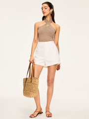 Metal Decor Cross-Strap Halter-Neck Top