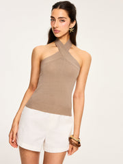 Metal Decor Cross-Strap Halter-Neck Top