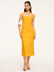 Cotton & Linen Shirred Midi Dress