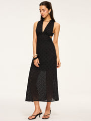 Semi-Sheer Eyelet Backless Criss-Cross Midi Dress