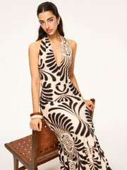 Printed Halter Backless Maxi Dress
