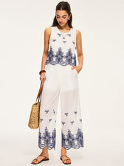 Embroidered Cropped Top and Wide-Leg Pants Set