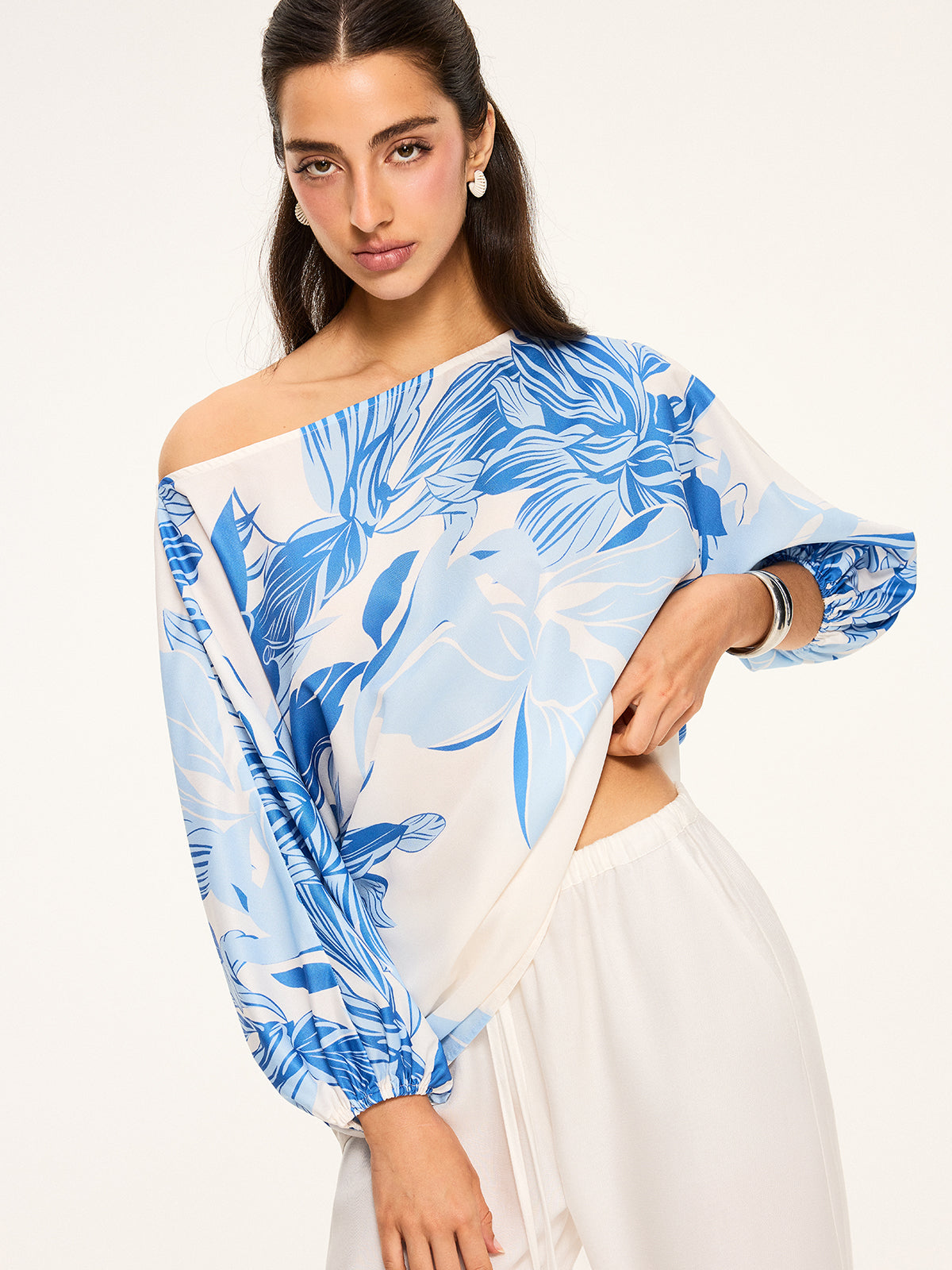 Semi-Sheer Off-Shoulder Floral Print Blouse