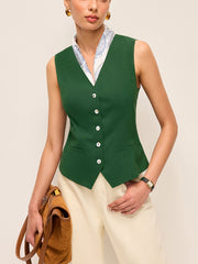 Cotton & Linen Asymmetric Button Vest With Back Bow