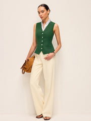 Cotton & Linen Asymmetric Button Vest With Back Bow