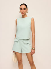 Minimalist Back Button Sleeveless Shorts Set